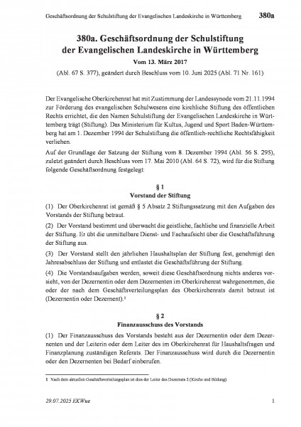 380a Geschäftsordnung der Schulstiftung der Evangelischen Landeskirche in Württemberg