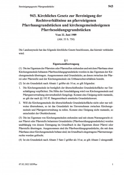 943 Bereinigungsgesetz Pfarrgrundstücke