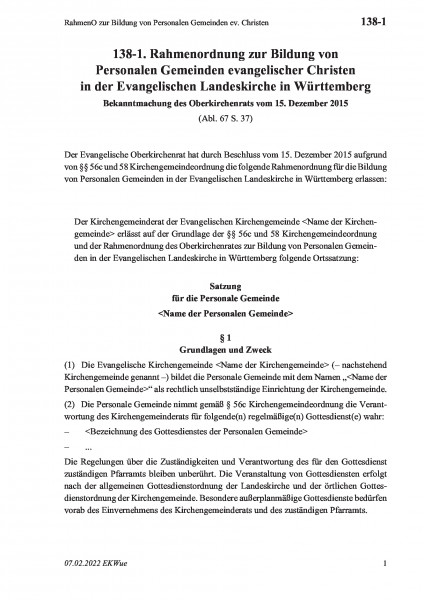 138-1 RahmenO zur Bildung von Personalen Gemeinden ev. Christen