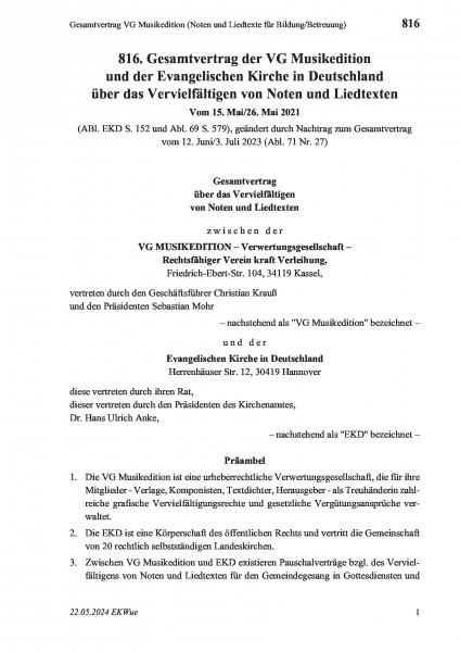 816 Gesamtvertrag VG Musikedition (Noten und Liedtexte für Bildung/Betreuung)