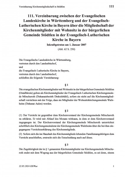 111 Vereinbarung Kirchenmitgliedschaft in Stödtlen