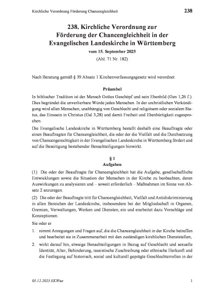 238 Kirchliche Verordnung Förderung Chancengleichheit
