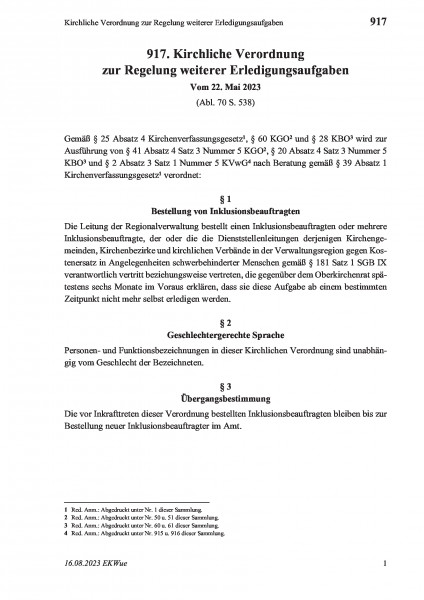 917 Kirchliche Verordnung zur Regelung weiterer Erledigungsaufgaben