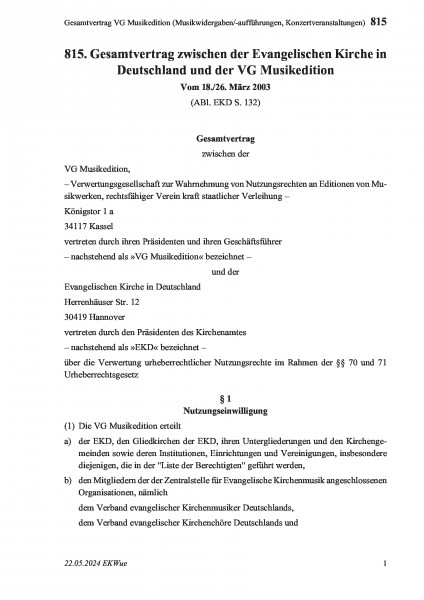 815 Gesamtvertrag VG Musikedition (Musikwidergaben/-aufführungen, Konzertveranstaltungen)