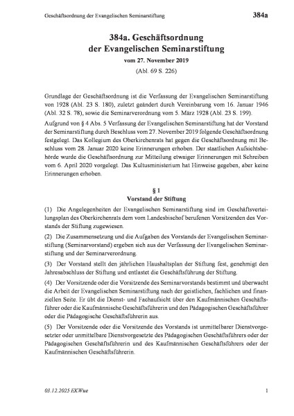 384a Geschäftsordnung der Evangelischen Seminarstiftung