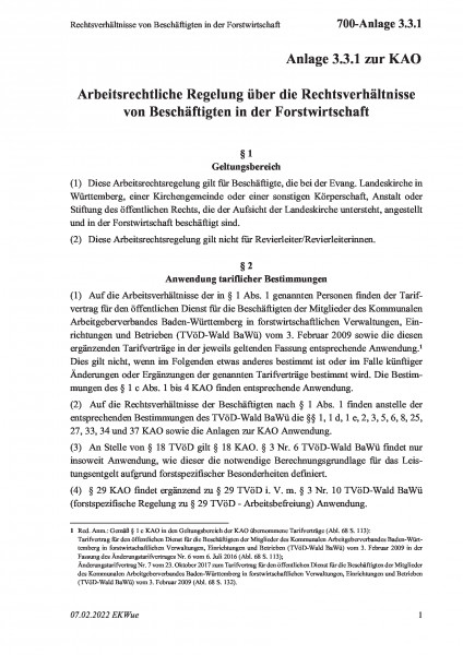 700-Anlage 3.3.1 Rechtsverhältnisse von Beschäftigten in der Forstwirtschaft