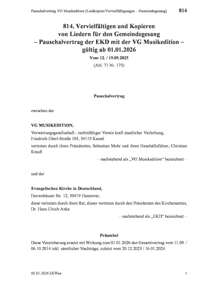 814 Pauschalvertrag VG Musikedition (Liedkopien/Vervielfältigungen – Gemeindegesang)