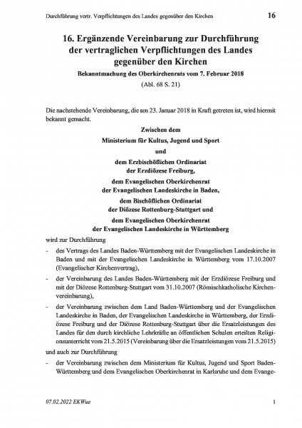 16 Durchführung vertr. Verpflichtungen des Landes gegenüber den Kirchen