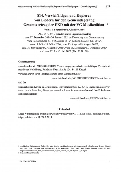 814 Gesamtvertrag VG Musikedition (Liedkopien/Vervielfältigungen – Gemeindegesang)