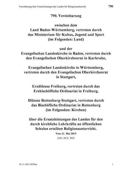790 Vereinbarung über Ersatzleistungen des Landes für Religionsunterricht