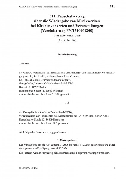 811 GEMA-Pauschalvertrag (Kirchenkonzerte/Veranstaltungen)