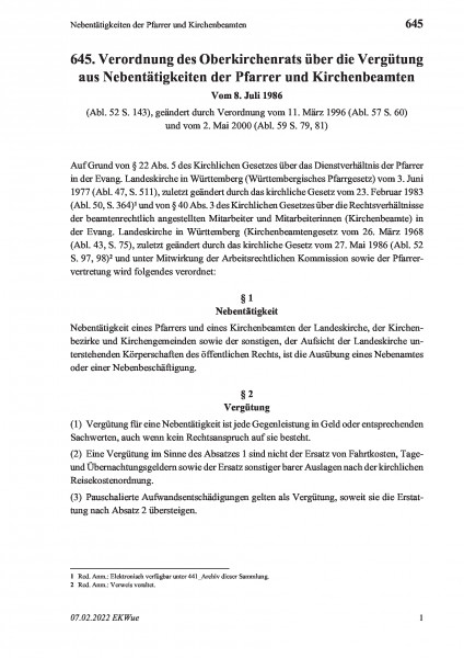 645 Nebentätigkeiten der Pfarrer und Kirchenbeamten