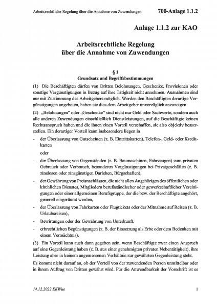 700-Anlage 1.1.2 Arbeitsrechtliche Regelung über die Annahme von Zuwendungen