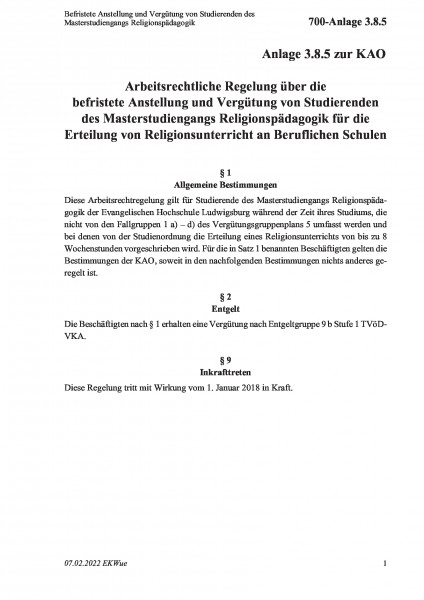 700-Anlage 3.8.5 Befristete Anstellung und Vergütung von Studierenden des Masterstudiengangs Religio