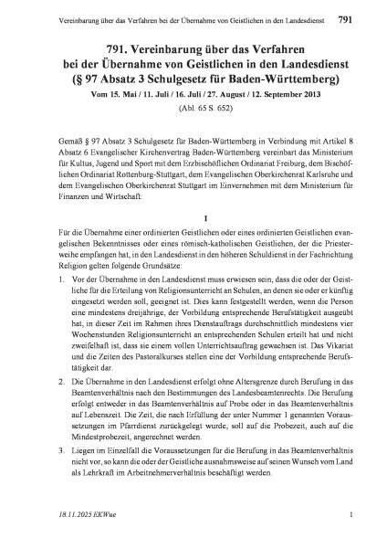791 Vereinbarung über das Verfahren bei der Übernahme von Geistlichen in den Landesdienst