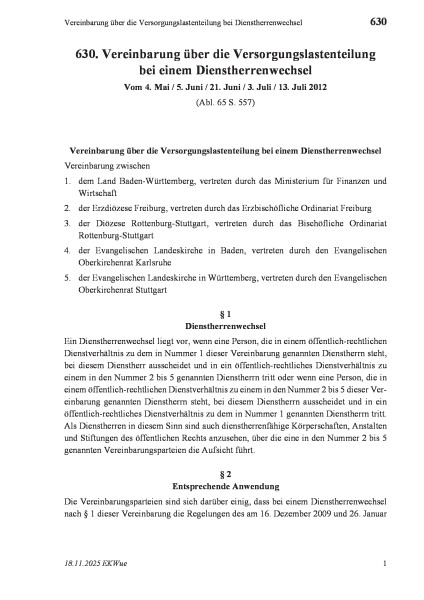 630 Vereinbarung über die Versorgungslastenteilung bei Dienstherrenwechsel