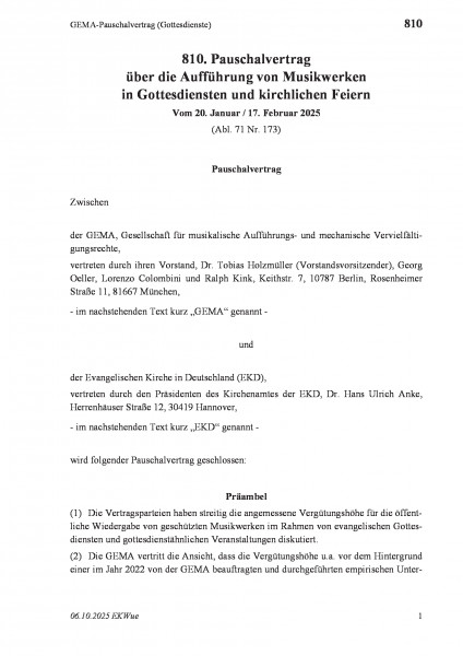 810 GEMA-Pauschalvertrag (Gottesdienste)