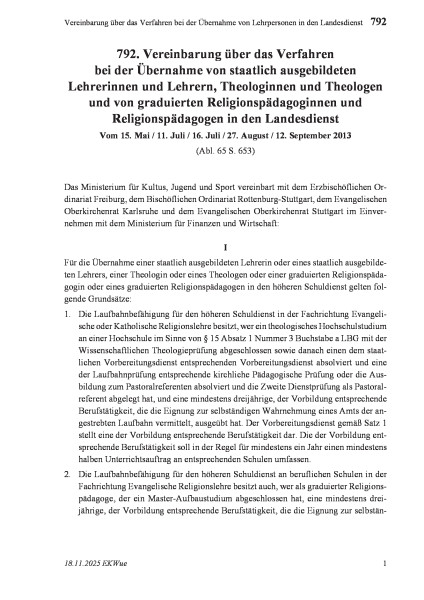 792 Vereinbarung über das Verfahren bei der Übernahme von Lehrpersonen in den Landesdienst